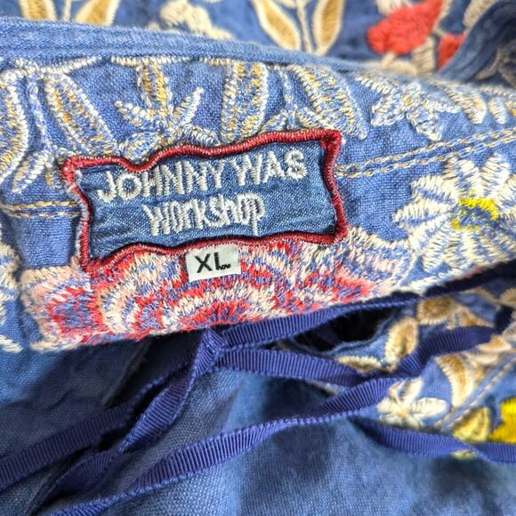 Johnny Was Kitti Dress XL 100% Linen Chambray Floral Embroidered Lace Up Bell Sl - Picture 8 of 11